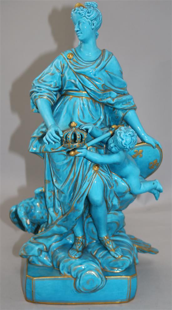 A Sevres style turquoise glazed and gilt decorated group of the Queen cherub, 42cm